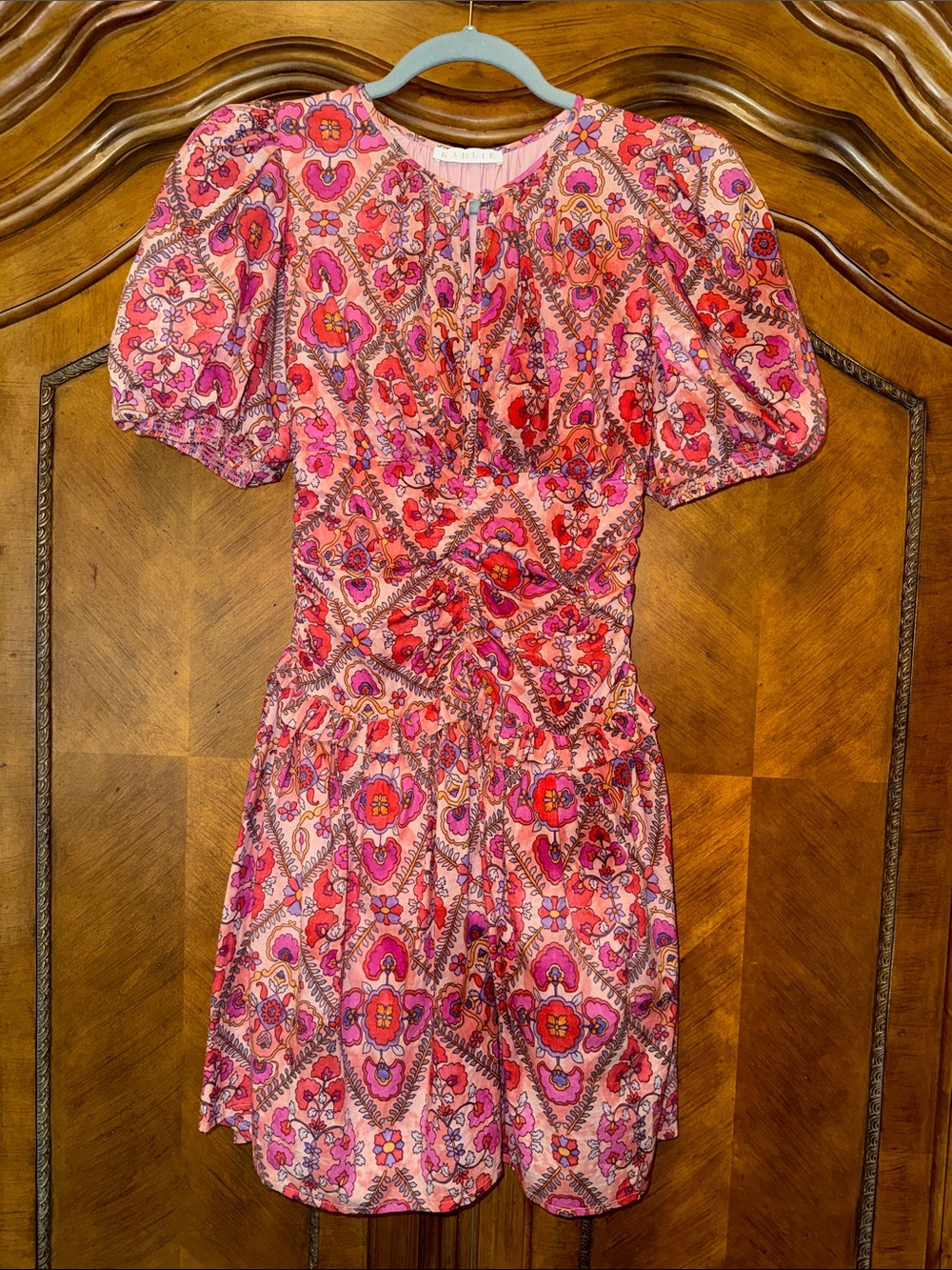 Karlie Pink & Red Paisley Midi Dress with Puff Sleeves